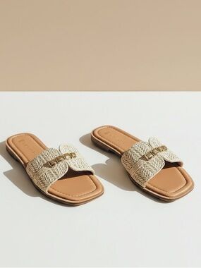 RAFFIA RADIANCE BOHO GOLD STUD SANDALS